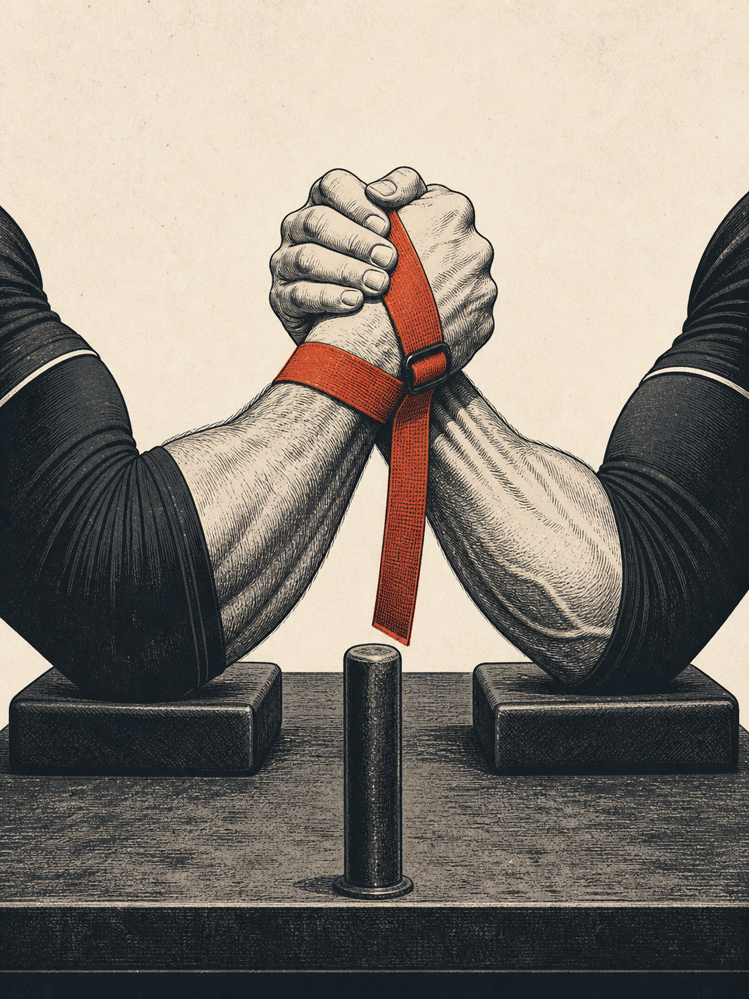 Two arm wrestlers in a strapped starting grip at the table
